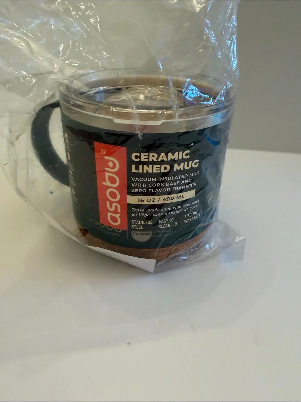 Asobu Puramic Ceramic Lined Vacuum Insulated Mug 16 oz Black Cork Base